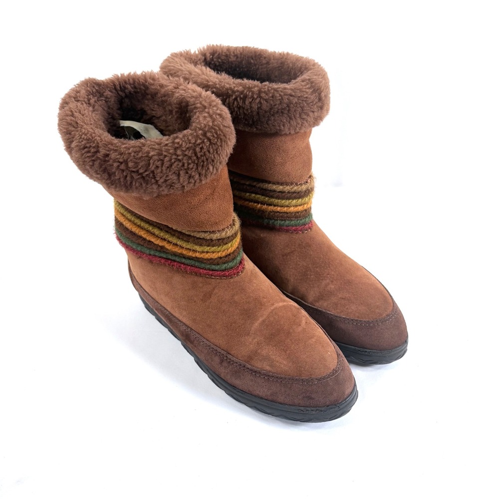 Cougar Boots Brown Suede Faux Fur Striped Cord‎ Detail Women Sz 8A Boho Festival